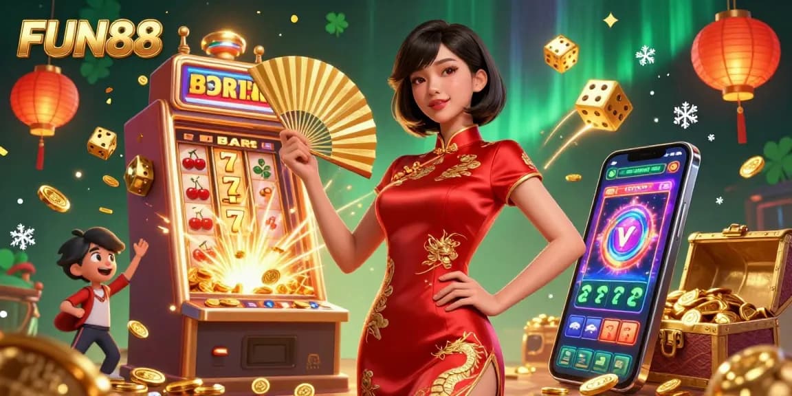 Experience the thrill of winning with FUN88, showcasing a vibrant casino scene filled with gold coins and gaming action.