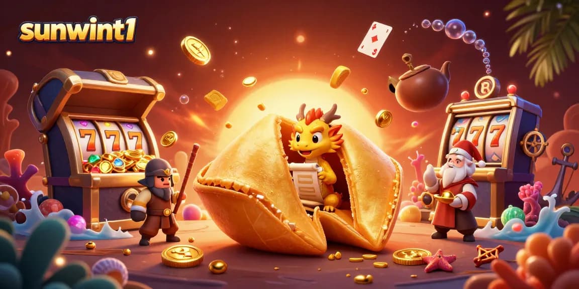 Win big with sunwint1 in this dynamic casino scene showcasing fortune cookies and treasure!