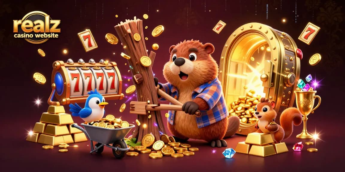 Gewinne groß im realz casino website mit einem belebten 3D-Cartoon-Szenario voller Spielautomaten und goldener Reichtümer.