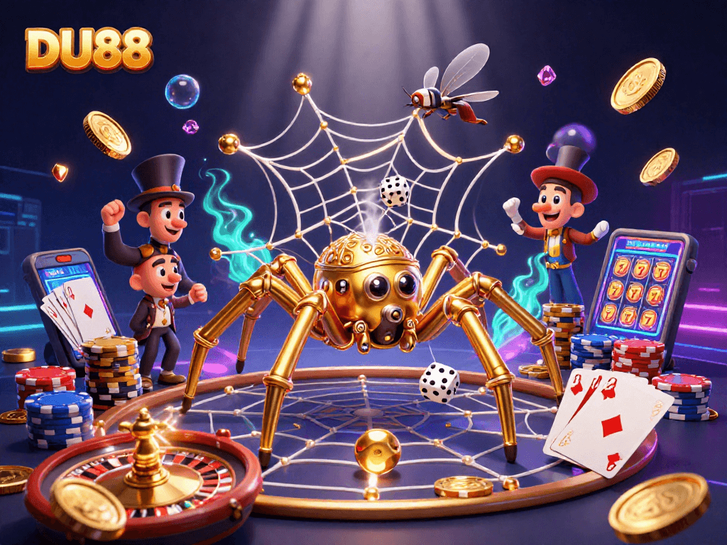 Experience the DU88 gaming thrill with a steampunk spider and fly gentleman amidst golden casino treasures!