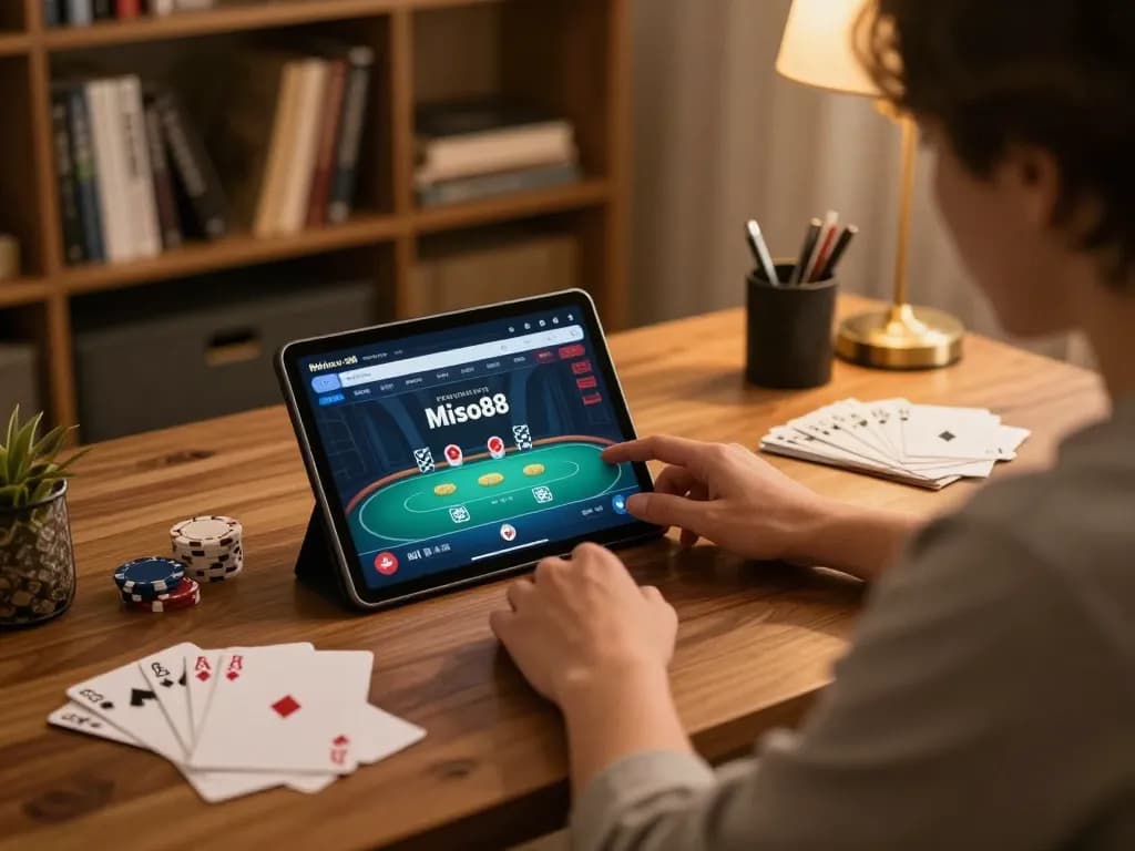 Miso88 user engaging in strategic online poker gameplay with notes and tablet on stylish desk.
