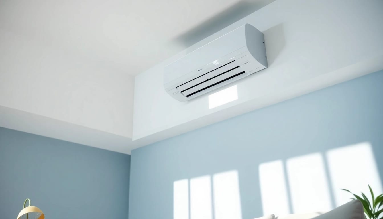 Klimaanlagen kaufen: Sleek air conditioning unit adorning a modern living room, showcasing energy efficiency.