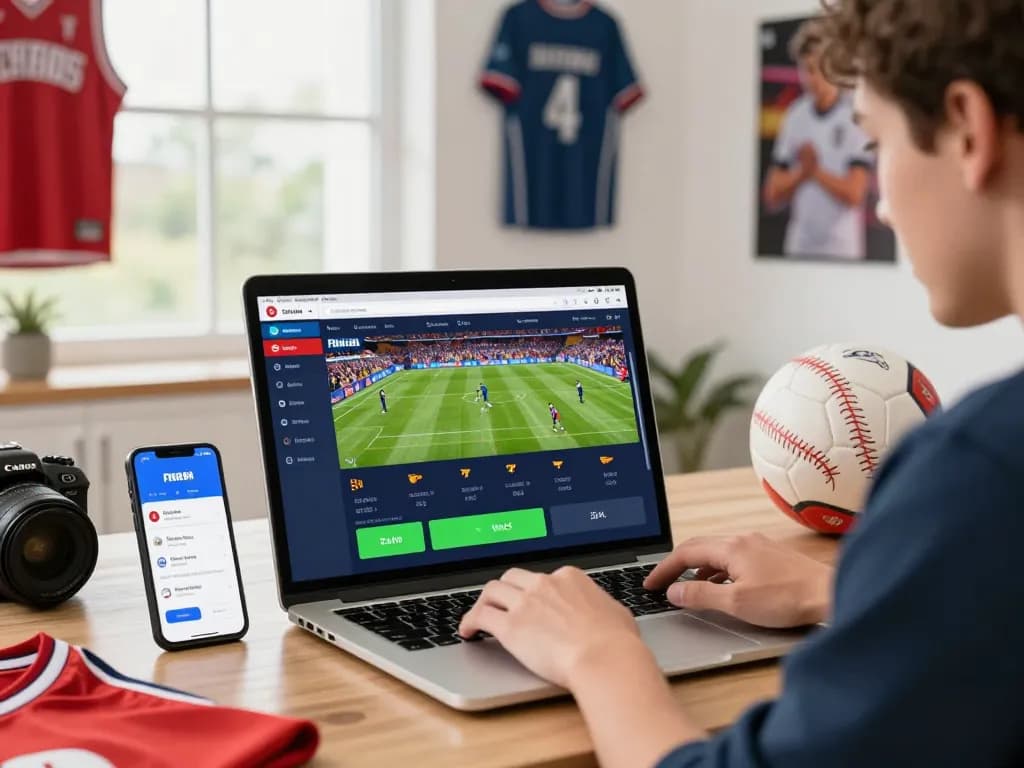 Engaging five88 online betting experience in a modern home office with sports memorabilia.