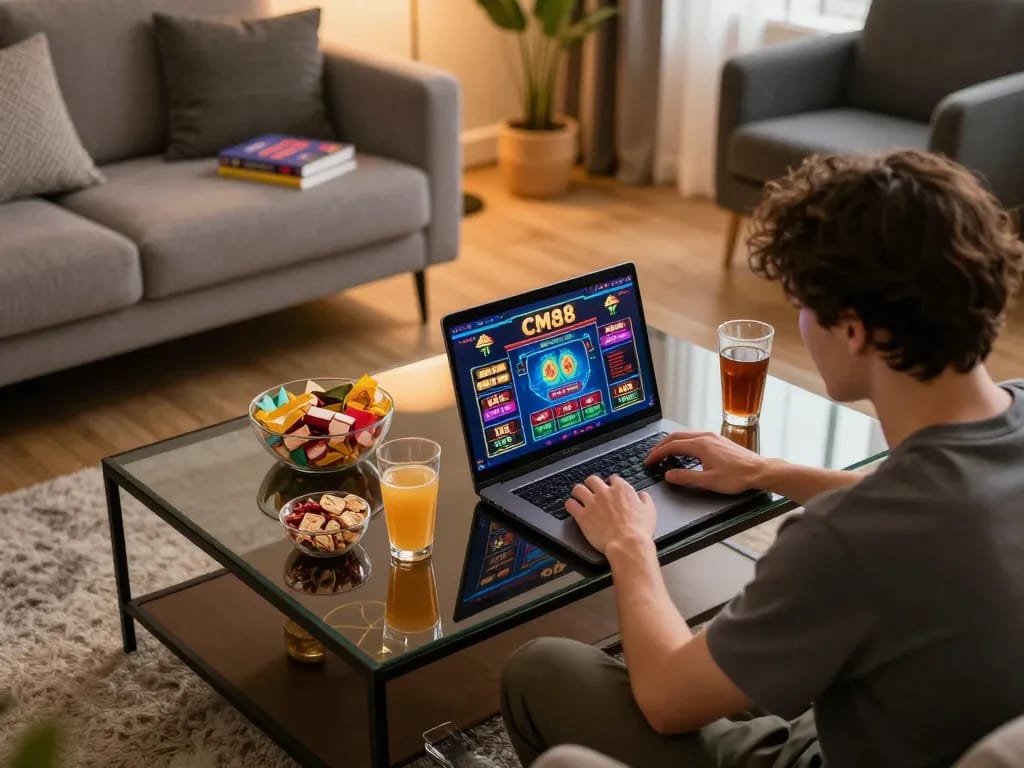 Engaging player enjoying CM88 online casino games with strategic focus in a cozy home setting