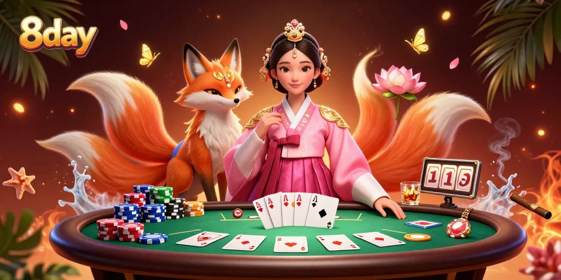 Experience 8day's vibrant casino atmosphere with stunning visuals of a live poker game scene.