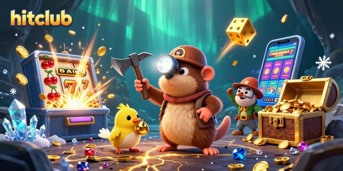 Experience hitclub casino excitement with cartoon characters, slots, and treasure hunts in a dynamic 3D illustration.
