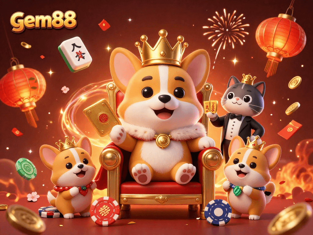 Experience thrilling gameplay at gem88 with a royal corgi and vibrant casino elements.