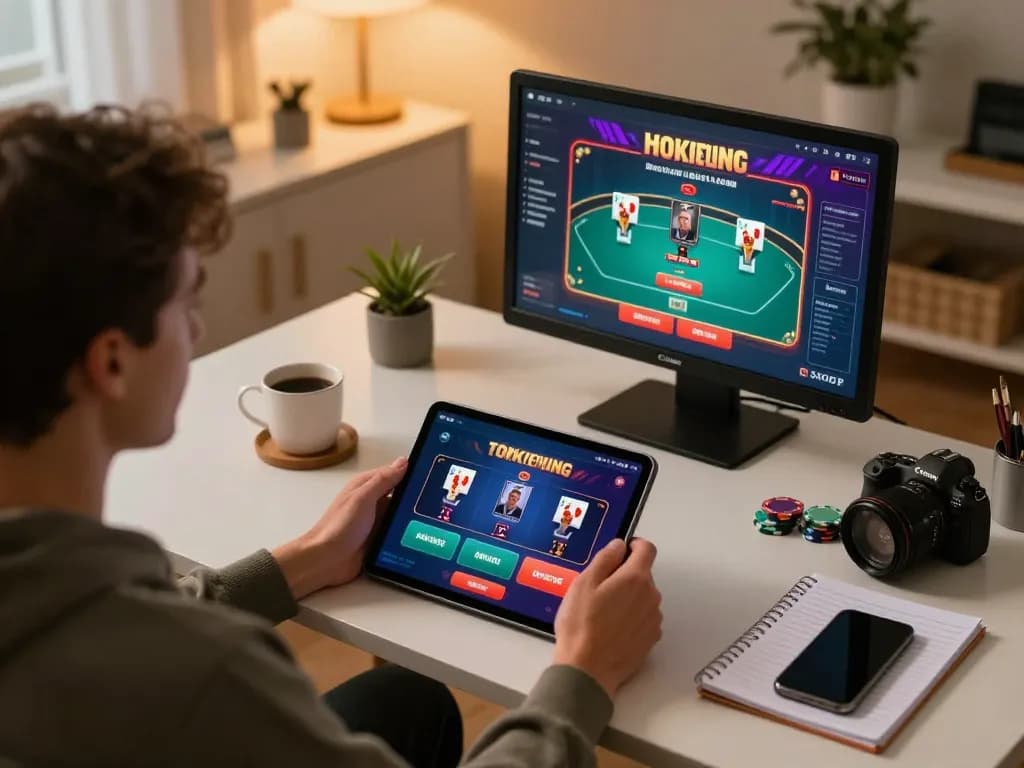 Playing poker through LLWIN Function app on tablet in a cozy home setting