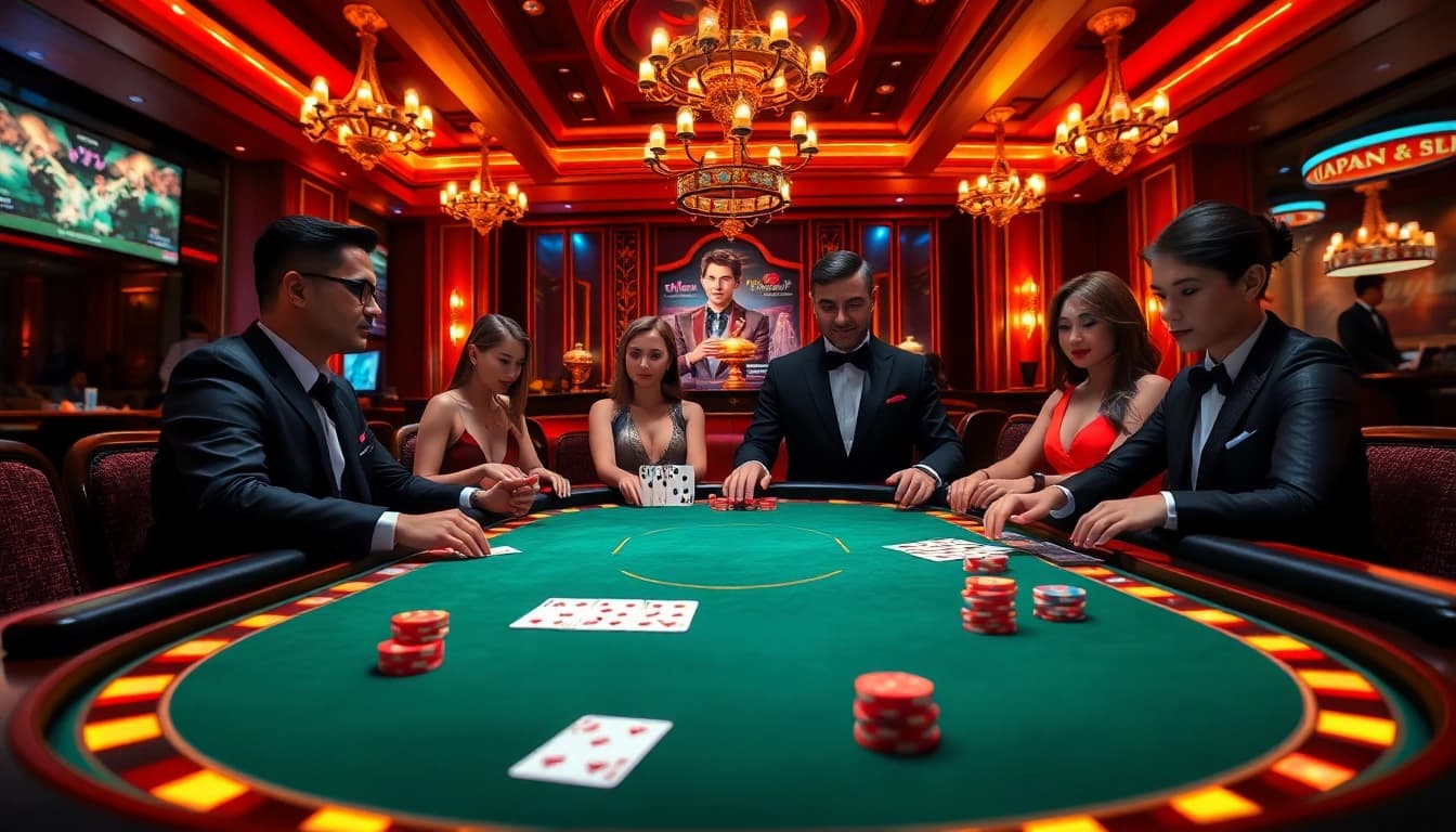 Exciting virtual scene of game đánh bài đổi thưởng featuring players at a poker table.