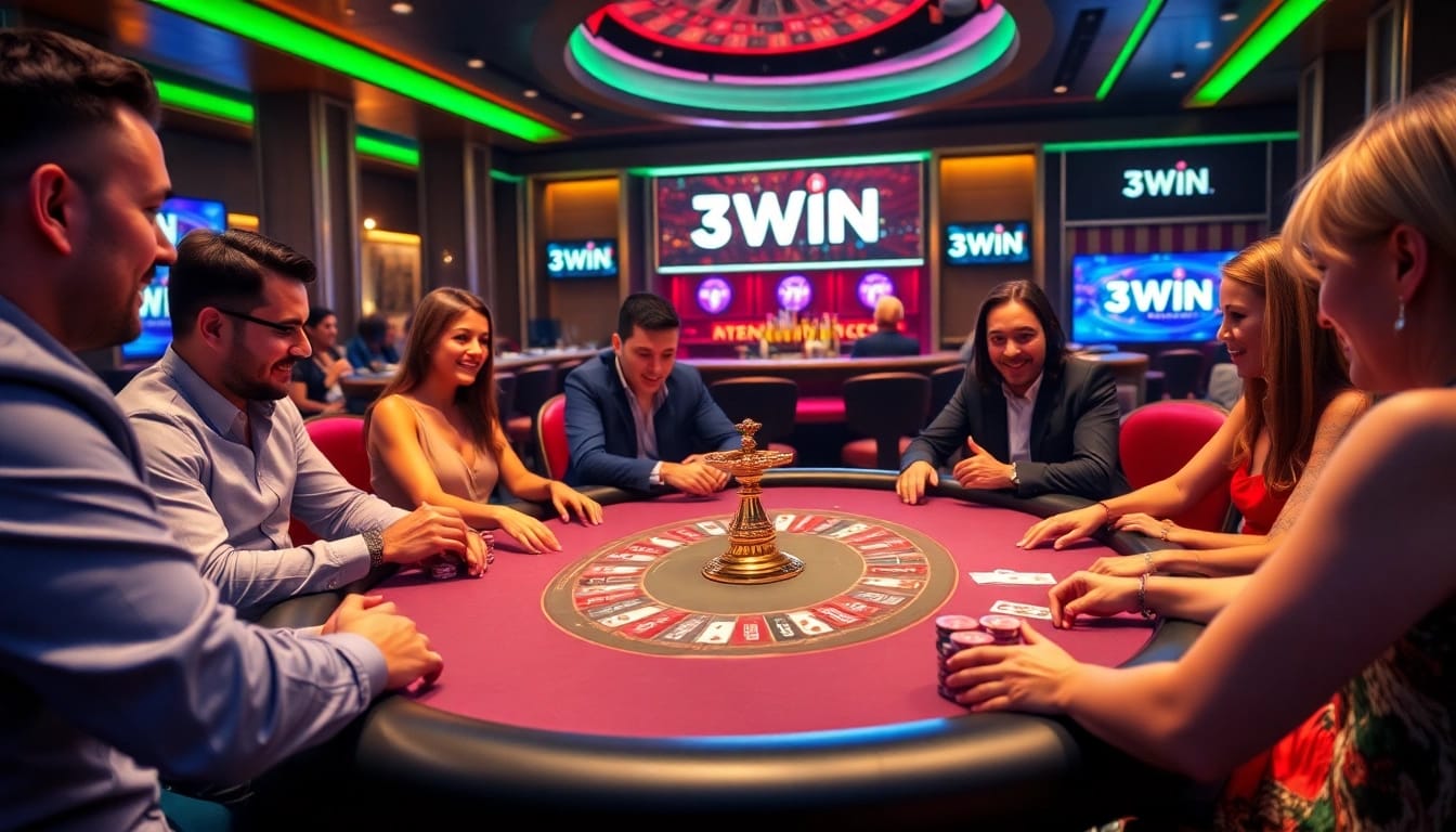 Excited players engage at a luxurious poker table with 3WIN branding visible, capturing the essence of thrilling gambling.