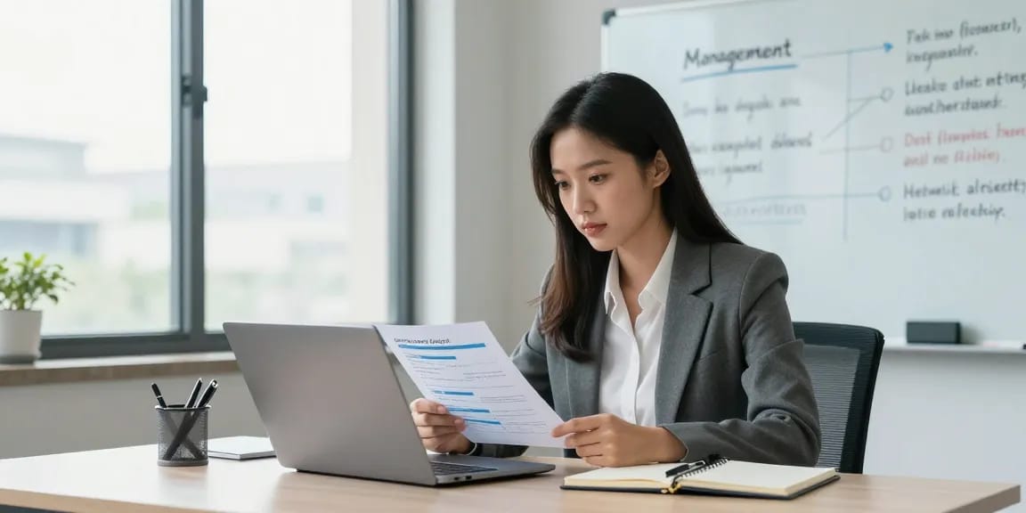 Stress mit Chef: Mitarbeiterin analysiert Feedback in modernem Büro.