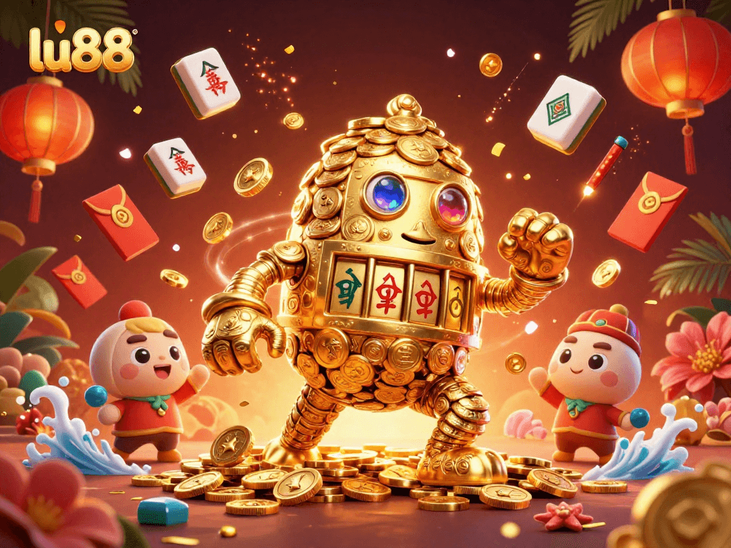 lu88's dynamic casino scene showcases the golden golem amidst festive gaming elements, capturing the excitement of online gambling.