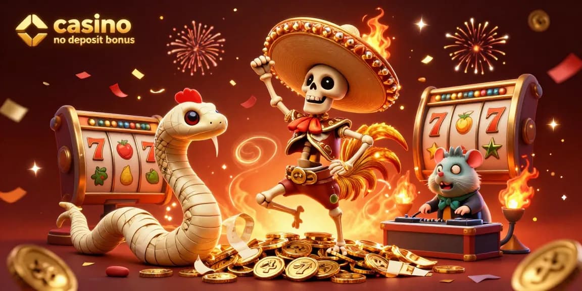 Engaging scene illustrating casino no deposit bonus with animated characters celebrating among slot machines, confetti, and fireworks.