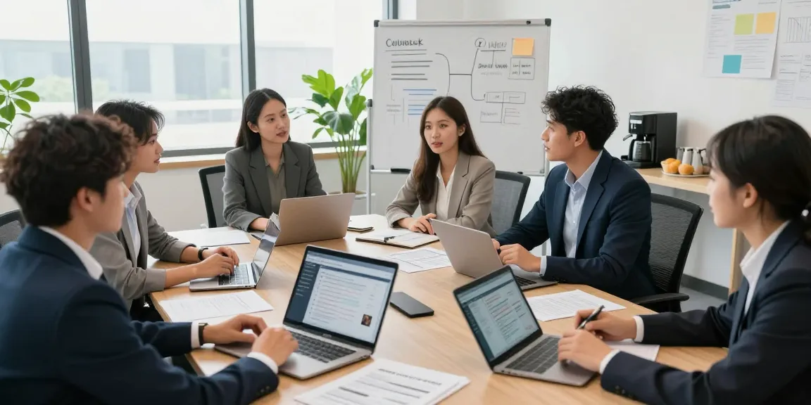 Arbeitskultur bewerten in einer professionellen Büroszene mit Teamdiskussion und Feedbackanalysen.