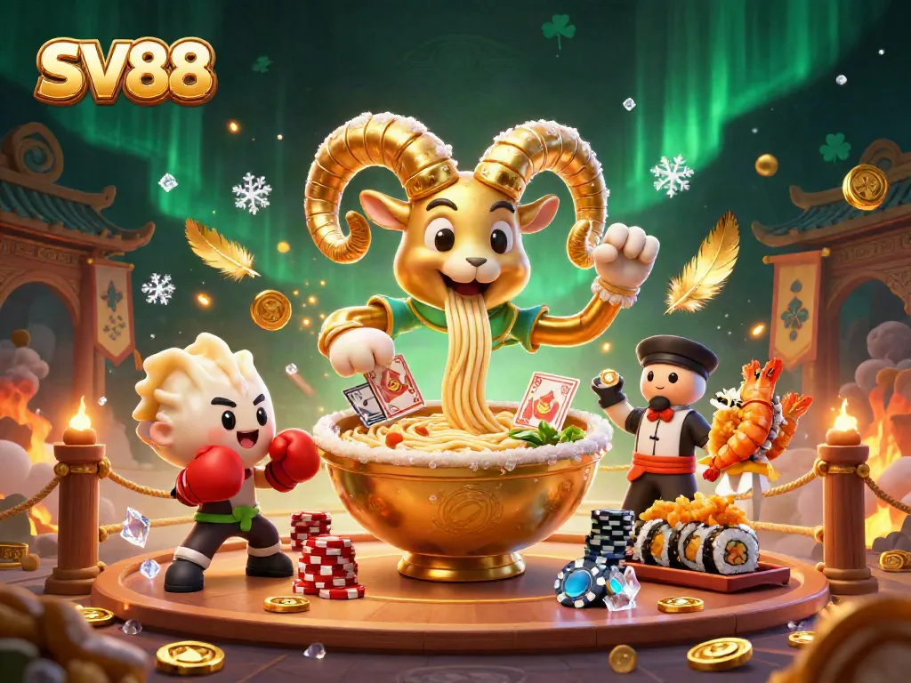 Experience the thrilling SV88 gameplay with a giant ramen bowl dealer surrounded by vibrant casino elements.