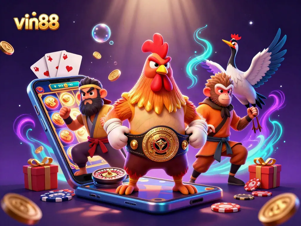 vin88 showcases an exciting casino scene featuring a Muay Thai rooster and martial artists amidst vibrant gaming elements.