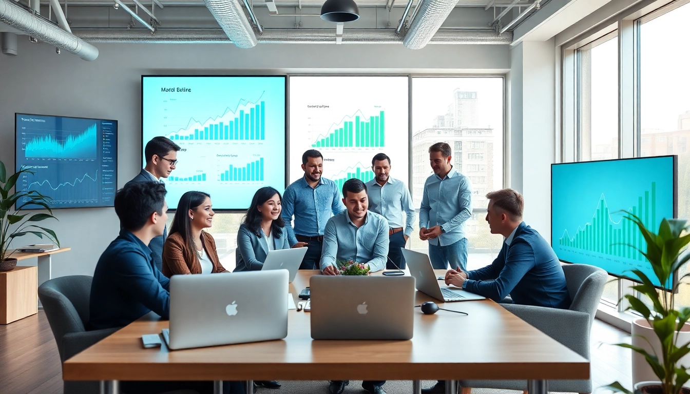 Online Marketing team discussing strategies in a vibrant, modern office.
