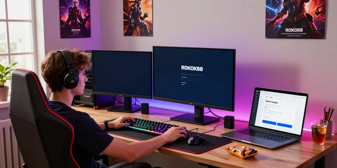 Engaged gamer using ROKOK88 link in a cozy home office with gaming accessories, colorful RGB lighting.
