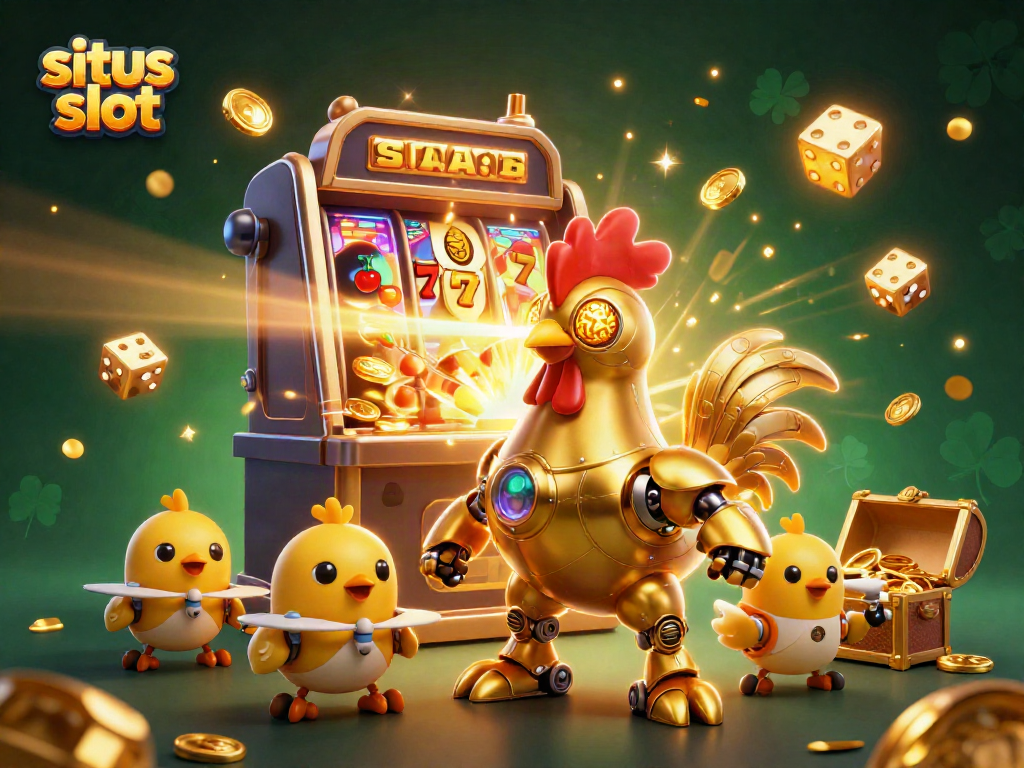 Experience dynamic jackpot excitement with this situs slot visualization, featuring a golden rooster robot and vibrant casino elements.