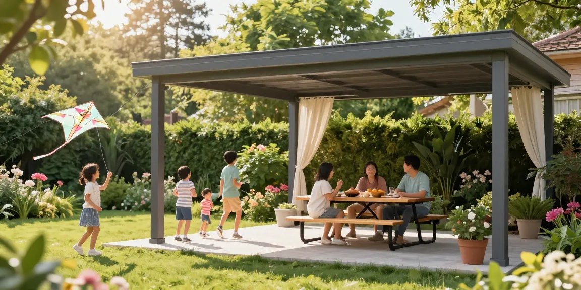 Freistehende Terrassenüberdachung in einem einladenden Garten mit Familie bei sonnigem Wetter.