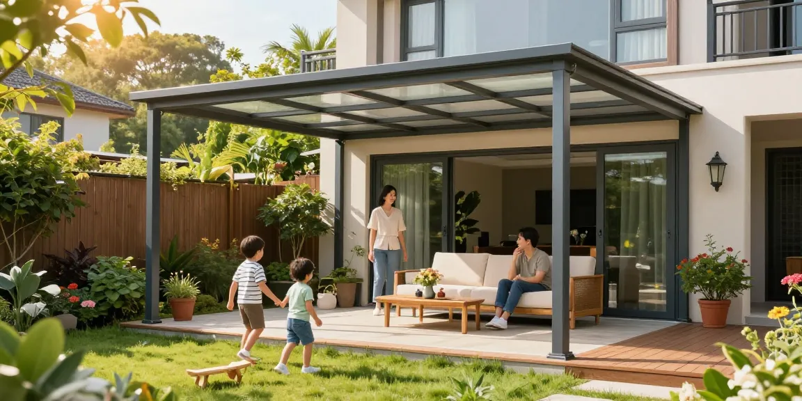 Freistehende Terrassenüberdachung in einem schönen Garten mit glücklicher Familie.