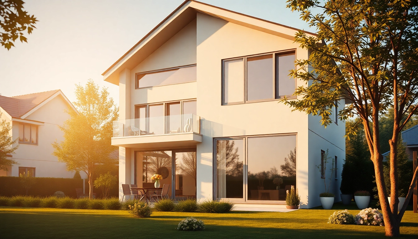 Architekturvisualisierung eines modernen Wohnhauses mit lebendigen Farben und Sonnenlicht, das eine einladende Atmosphäre schafft.