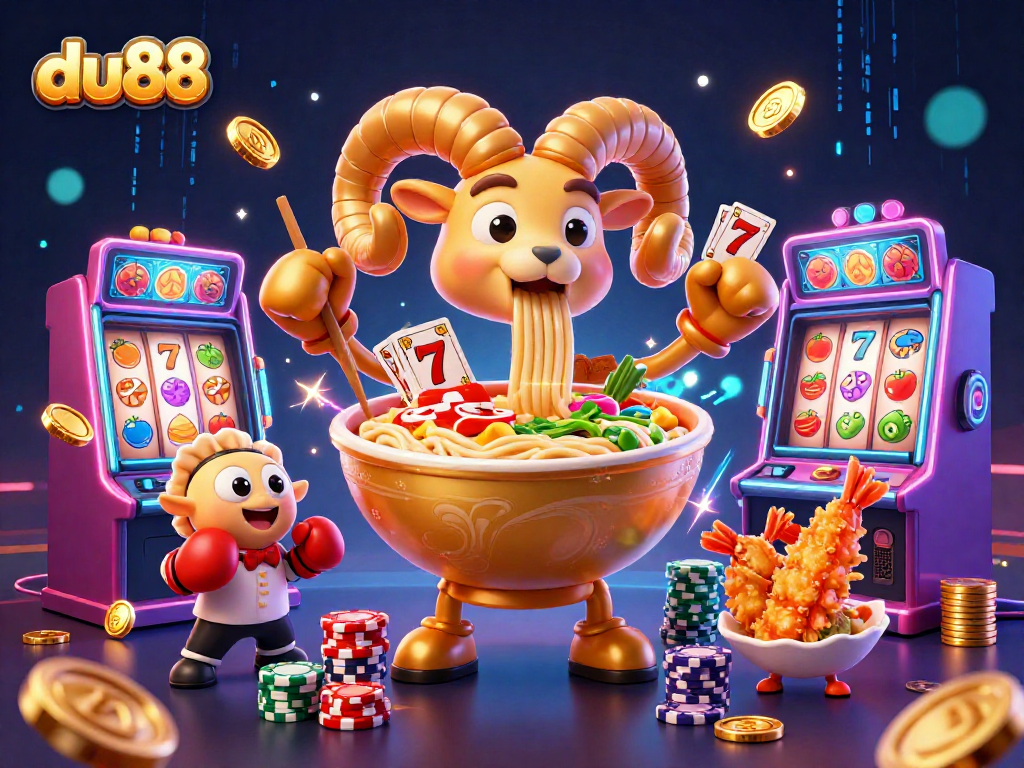 Engage with du88's vibrant gaming world featuring a dynamic ramen bowl surrounded by lively slot elements.