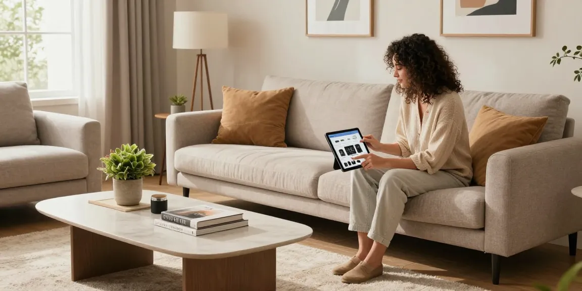 Person, die online Möbel kauft, zeigt stilvolle Wohnkultur und gemütliche Atmosphäre, möbel online kaufen.