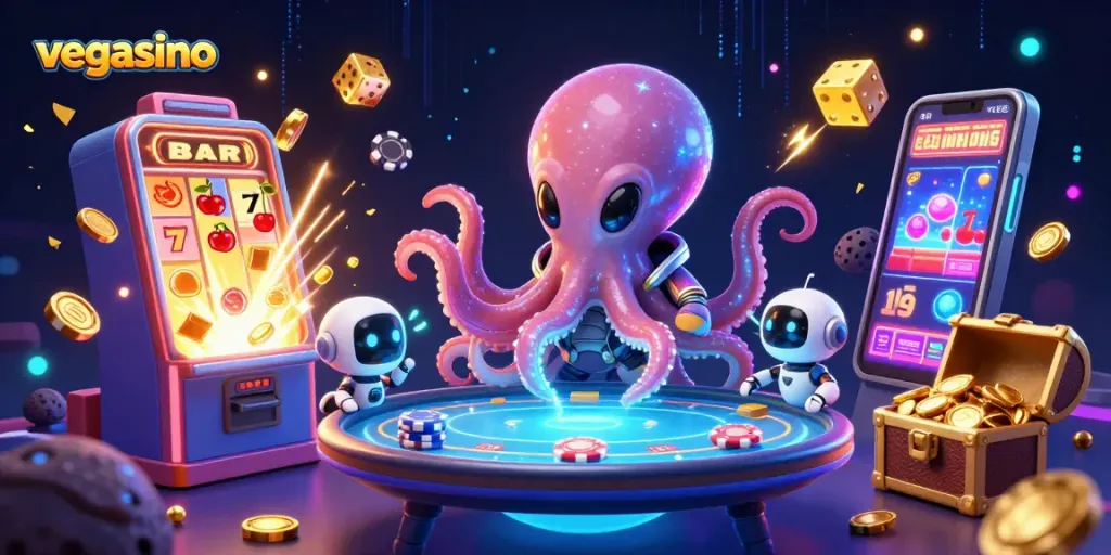 Experience the excitement of vegasino with vibrant alien characters at a holographic casino table.