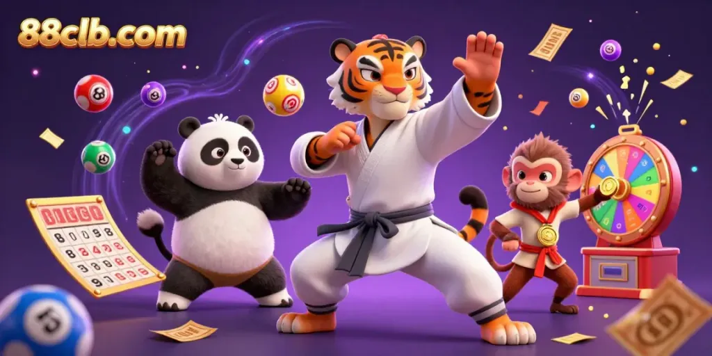 Engage with the excitement of 88clb-com as colorful lottery balls bounce around a kung fu tiger master and friends.