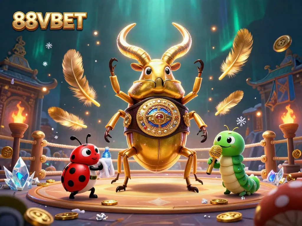 Experience an epic showdown at 88VBET, featuring a giant golden stag beetle and intricate casino elements.