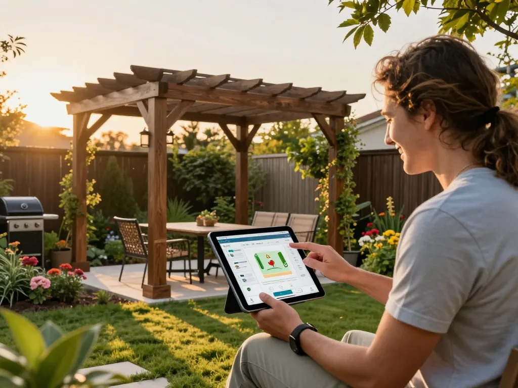 Visualisierung eines Pergola 3D-Konfigurators, der im Freien verwendet wird, mit maßgeschneiderten Designs in einem Gartenambiente.