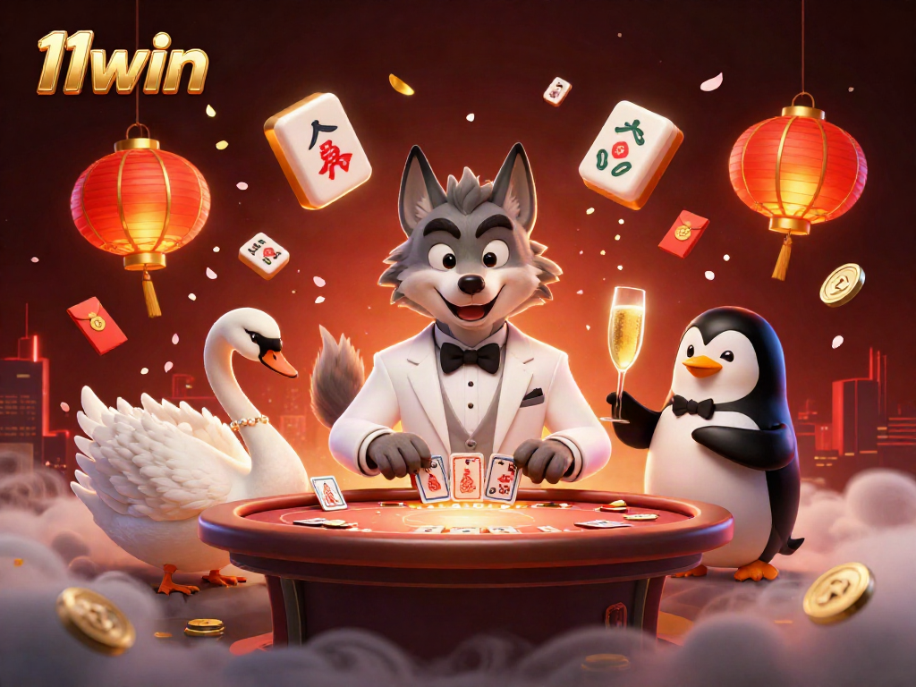 Engage with the thrilling world of 11win through a lively casino scene featuring unique characters and vibrant game elements.