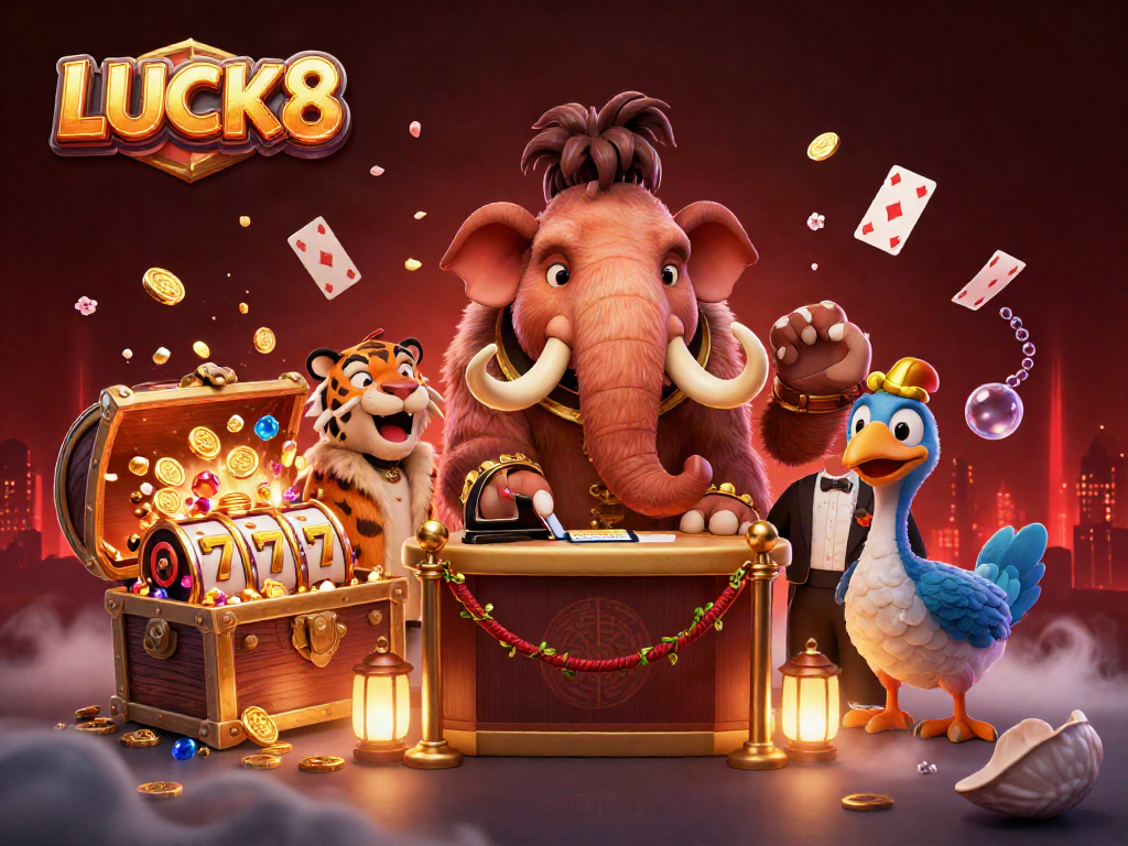 LUCK8 casino scene featuring a woolly mammoth bouncer checking IDs while surrounded by vibrant game elements