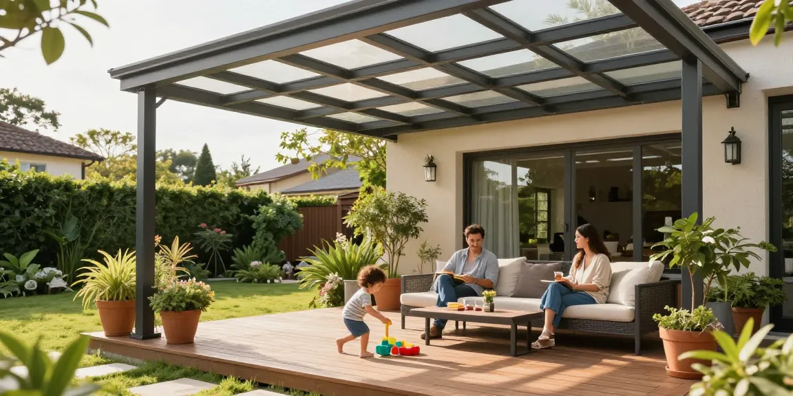 Moderne Terrassenüberdachungen bieten Schutz und Komfort für Familien mit Kindern im Garten.