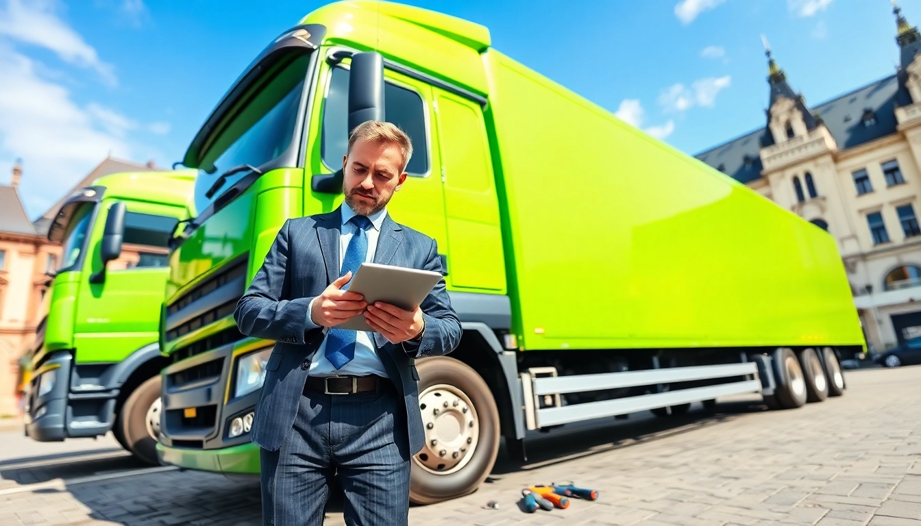 Professioneller Lkw Gutachter Augsburg inspiziert einen großen Truck in Augsburgs urbaner Umgebung.