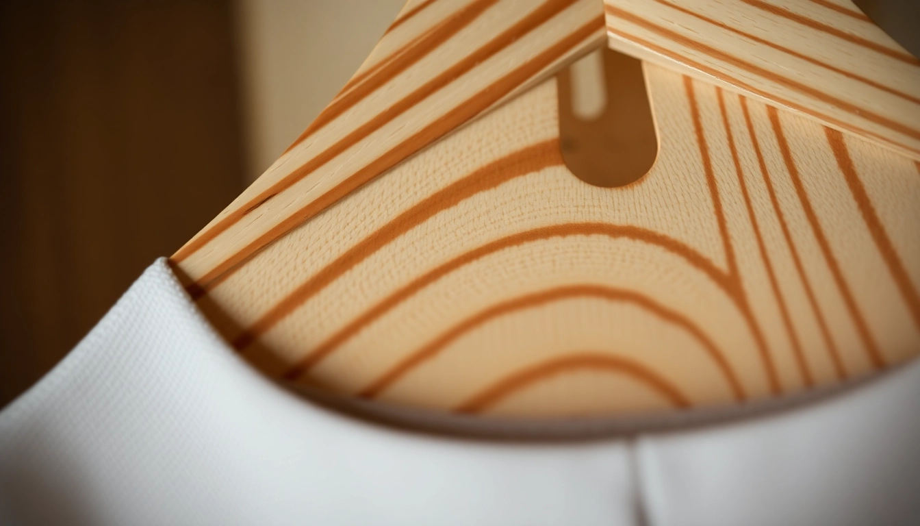 Deutscher Hersteller kleiderbügel aus hochwertigem Holz, präsentiert in einem warmen Licht, um die Handwerkskunst zu betonen.