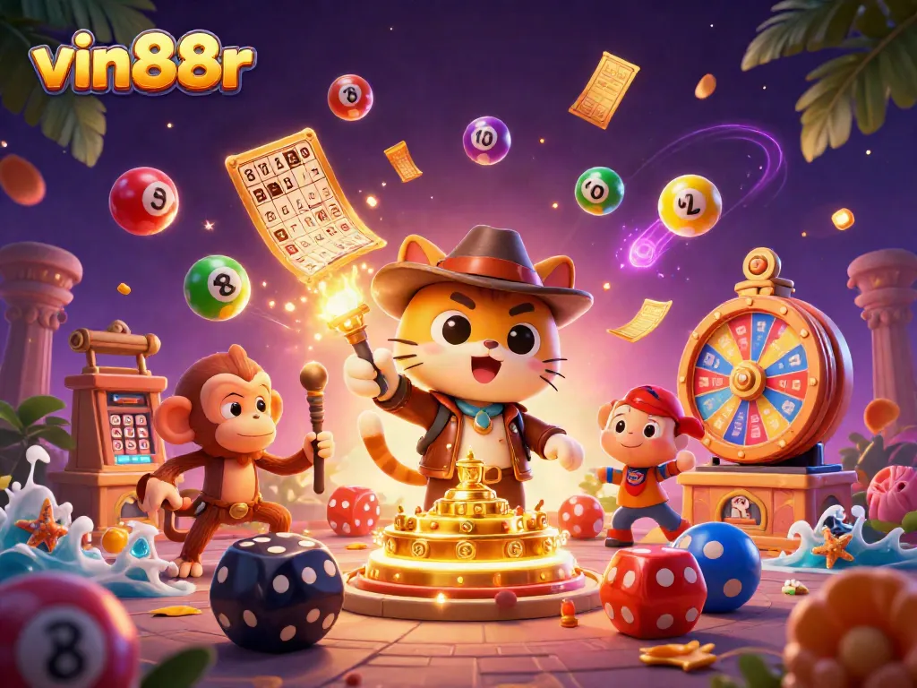 Experience the excitement of vin88r with a lively 3D scene of gaming elements and characters.