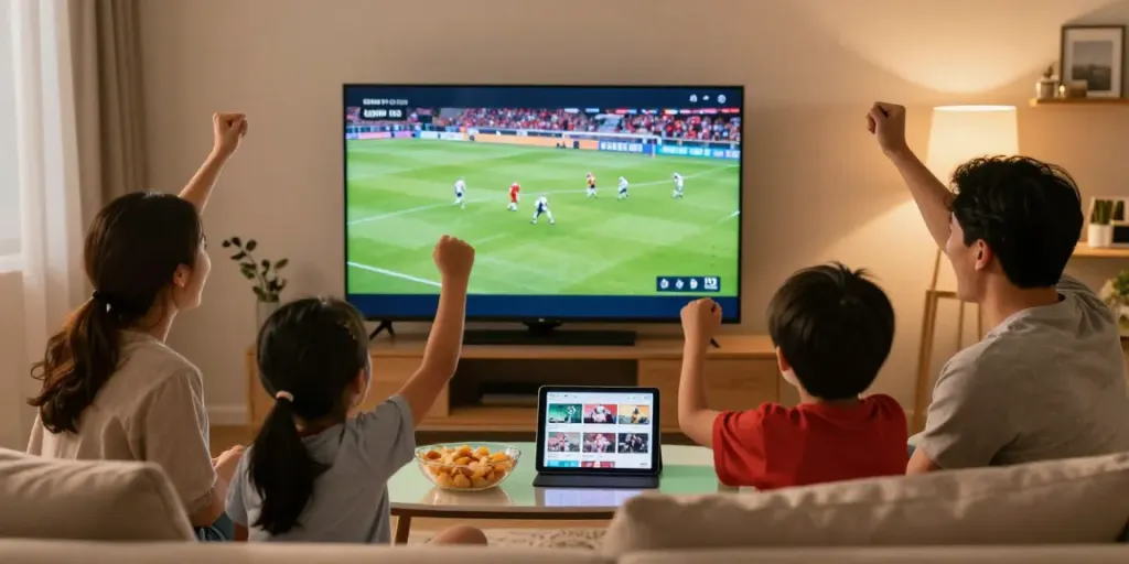 Family enjoying a live football match on upip-tv in 4K quality from their living room.