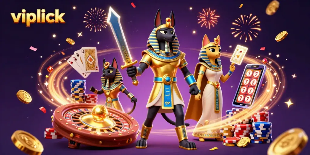 Experience thrill at vipluck with Anubis and Bastet in a vibrant casino illustration.