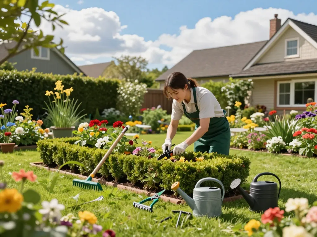 Gartenpflege für Privat & Gewerbe in Münster, illustriert durch einen professionellen Gärtner, der sich um üppige Blumenbeete und Hecken in einer ruhigen Gartenumgebung kümmert.