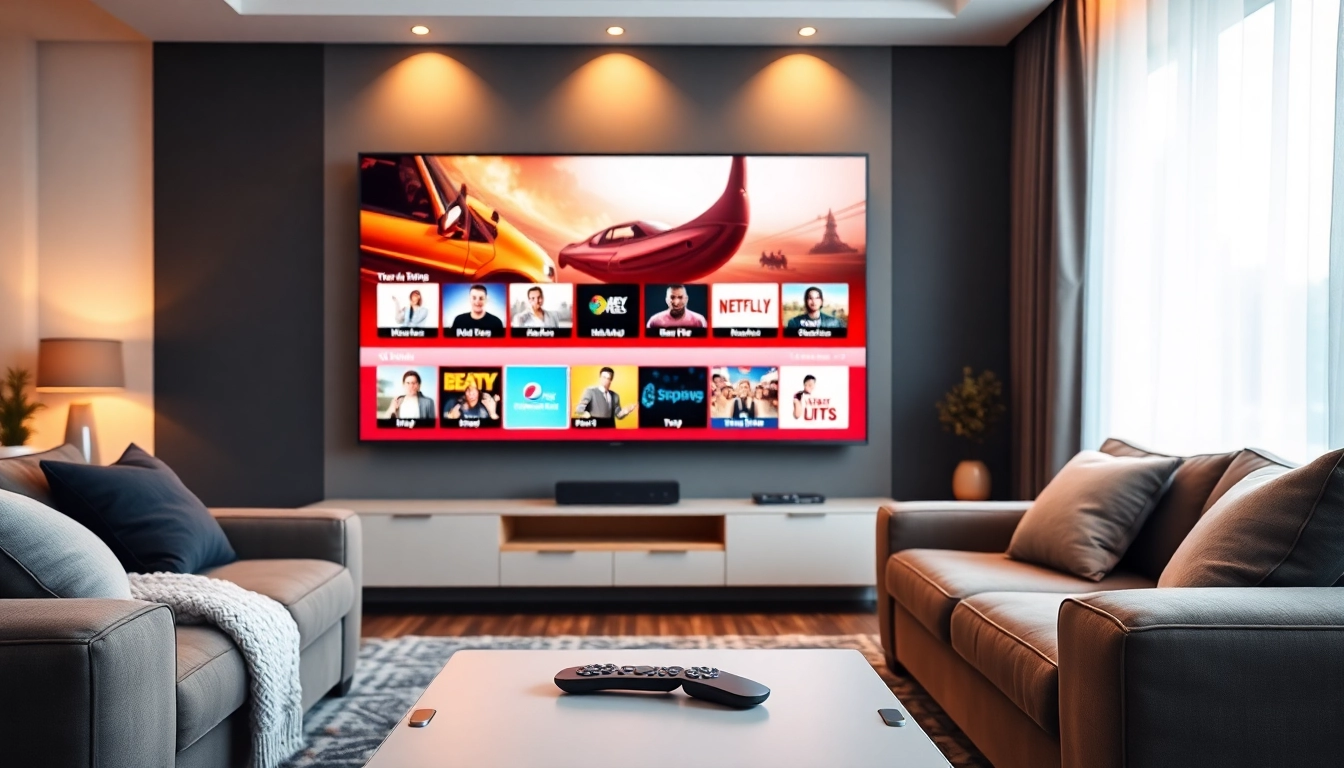 Watch stunning content on IPTV kaufen with a cozy living room setup featuring a large screen and warm lighting.