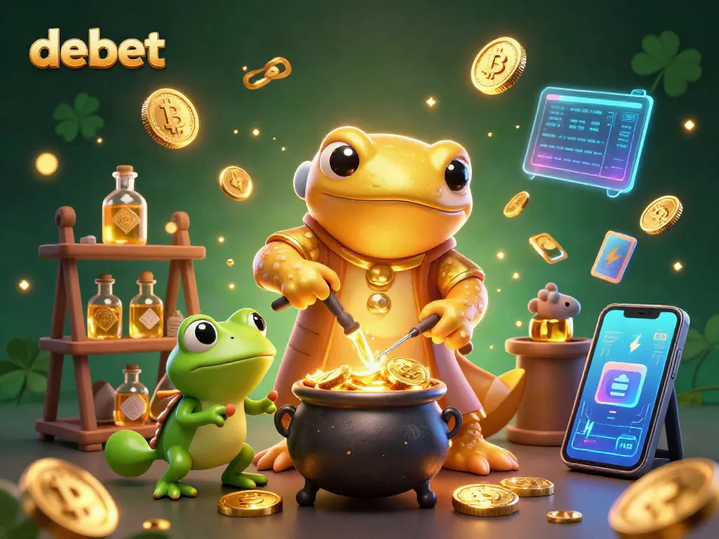 Engage with debet's vibrant casino world featuring gold coins, a creative alchemist, and a frog apprentice.