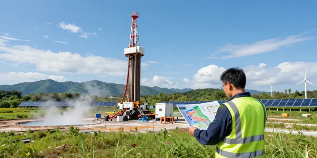 Geothermie-Bohrung mit Techniker, der geologische Karten analysiert in grüner Landschaft.
