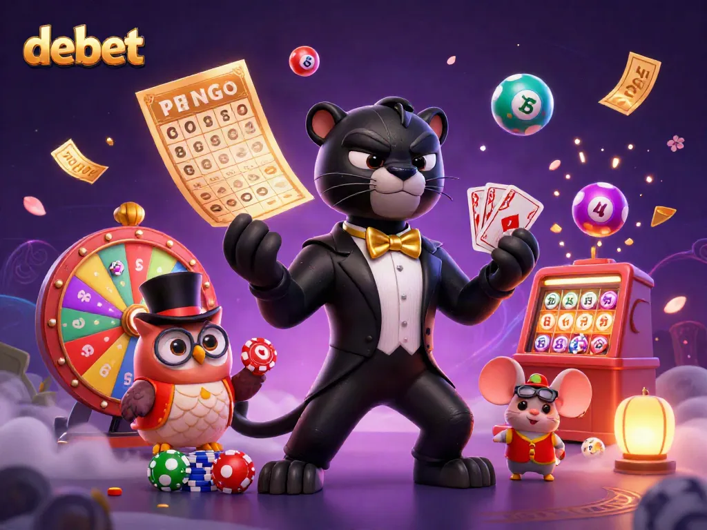 Engaging scene where the debet brand character elegantly deals cards among colorful lottery elements in a vibrant casino atmosphere.