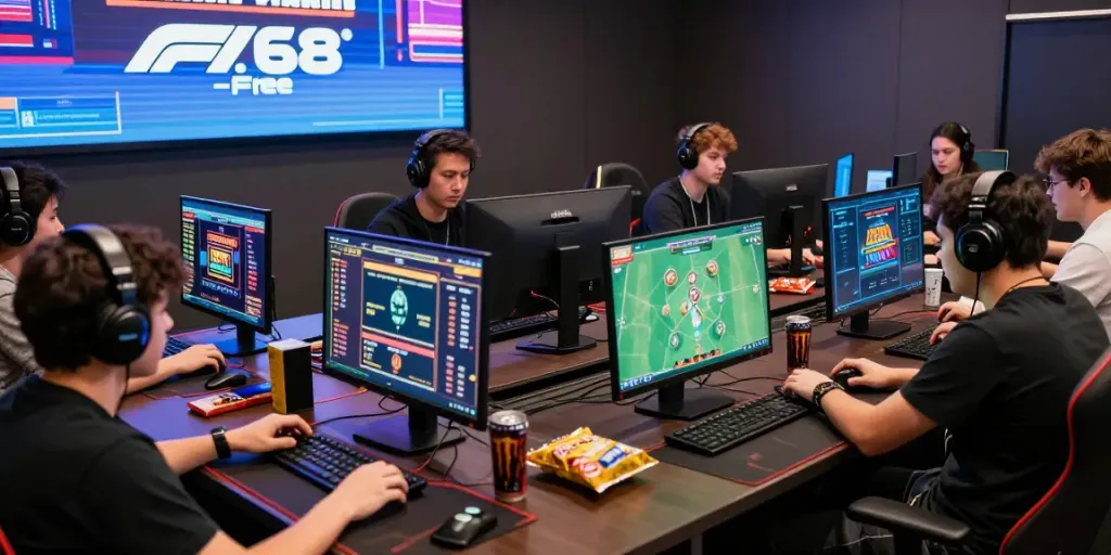 Engaged players in the vibrant F168 online gaming scene, showcasing various games and accessories.
