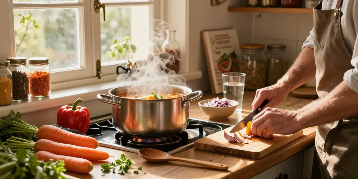Leckere Vegane Suppen, die in einer gemütlichen, rustikalen Küche mit buntem frischem Gemüse zubereitet werden.