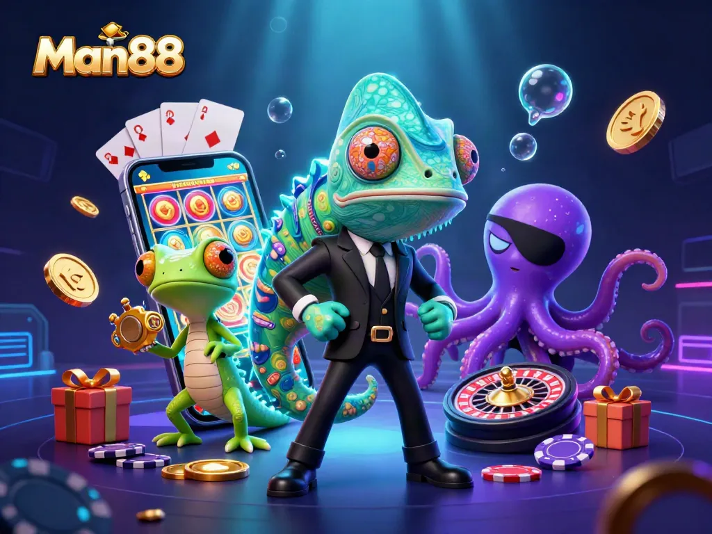 Experience thrilling action with Man88 in a vibrant 3D casino illustration showcasing exciting gaming elements.