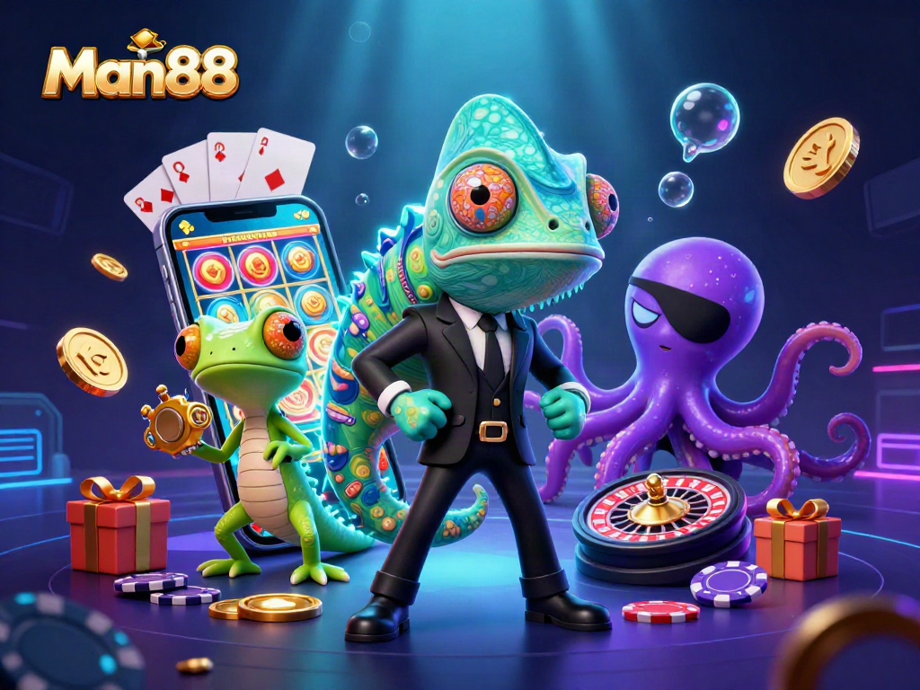 Experience thrilling action with Man88 in a vibrant 3D casino illustration showcasing exciting gaming elements.