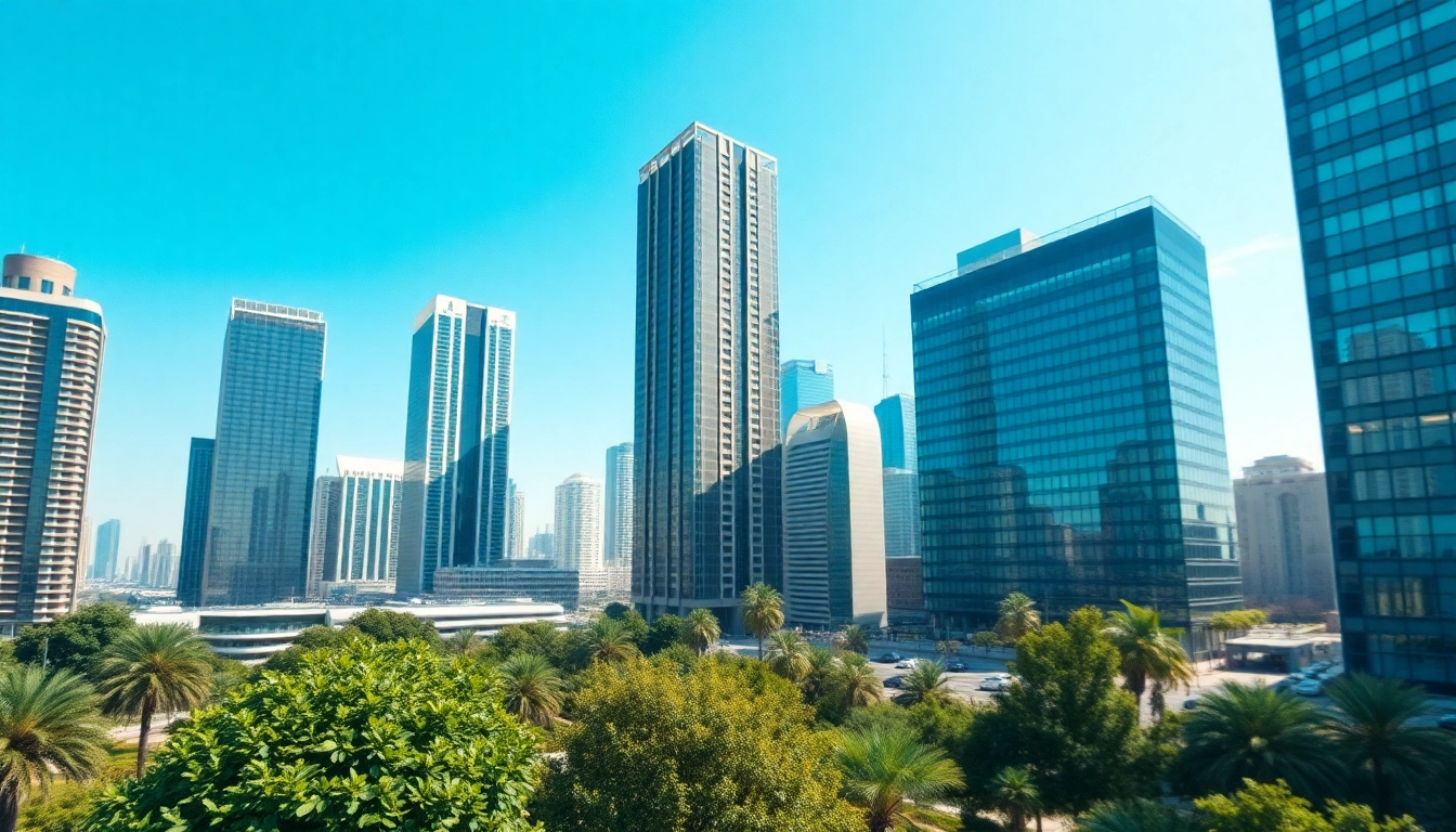 Architekturvisualisierung eines modernen Stadtlandschaft mit lebendigen Gebäuden und Naturelementen.